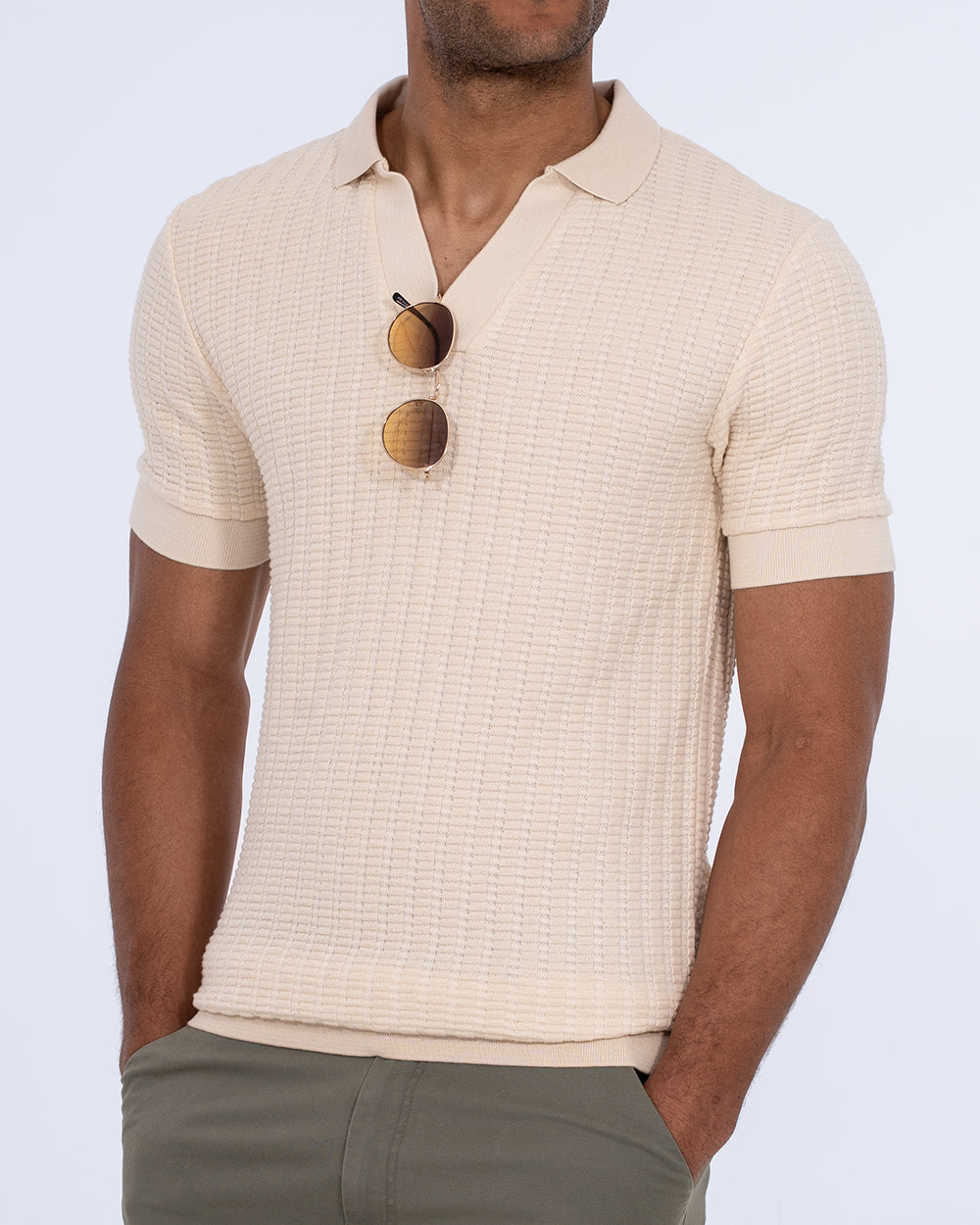 2t Vincent Tall Jacquard Open Collar Polo Shirt (cream