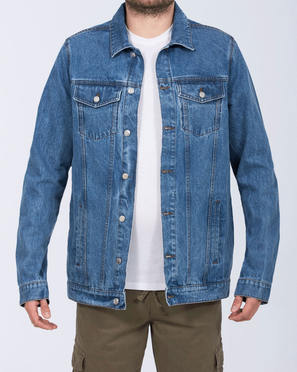 2t Tall Mens Extra Long Button Up Denim Jacket (mid wash) | Tall