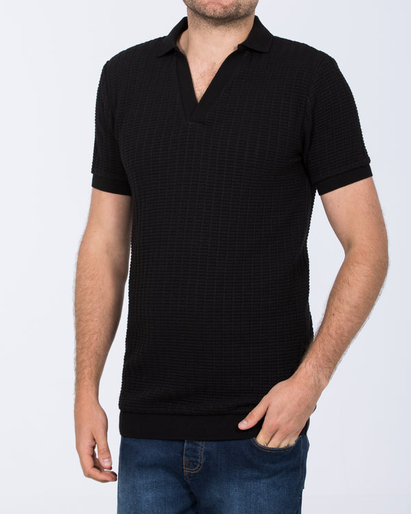 2t Vincent Tall Jacquard Open Collar Polo Shirt (black) Tall Mens