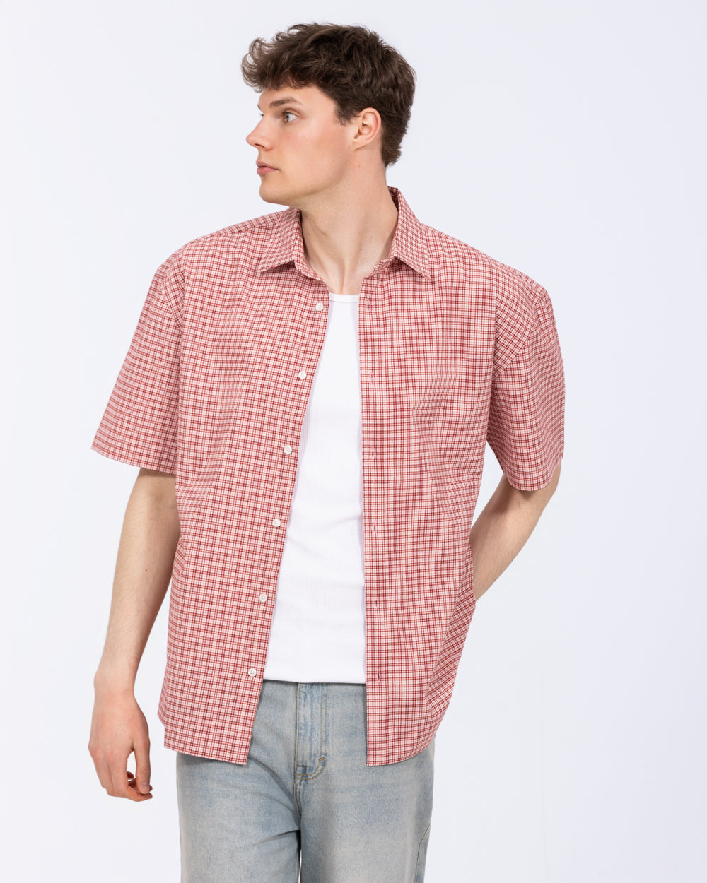 2t Tall Mens Murdo Boxy Short Sleeve Shirt (red check) | Tall Mens
