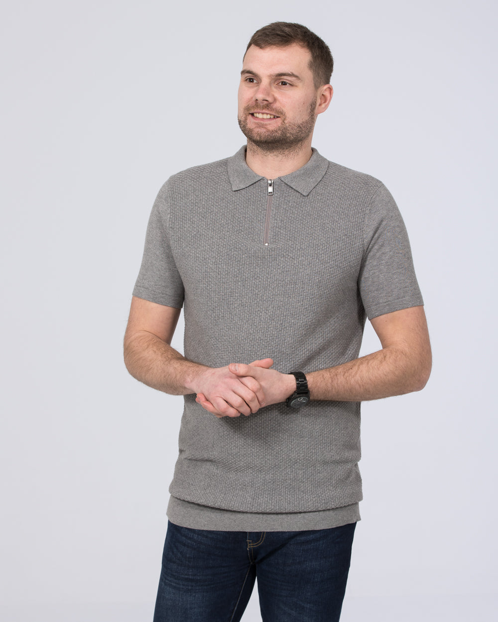 2t Devon Slim Fit Tall Mens Extra Long Zip Up Knitted Polo Shirt