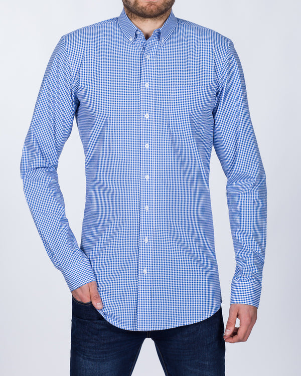 2t Slim Fit Long Sleeve Tall Mens checked longer Shirt (blue check