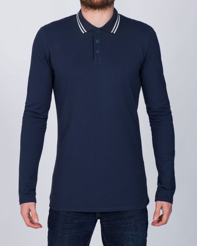 2t Slim Fit Long Sleeve Tall Tipped Polo Shirt (navy)