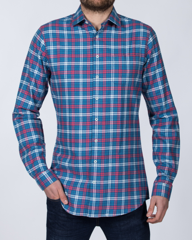2t Slim Fit Long Sleeve Tall Checked Shirt (blue wash)