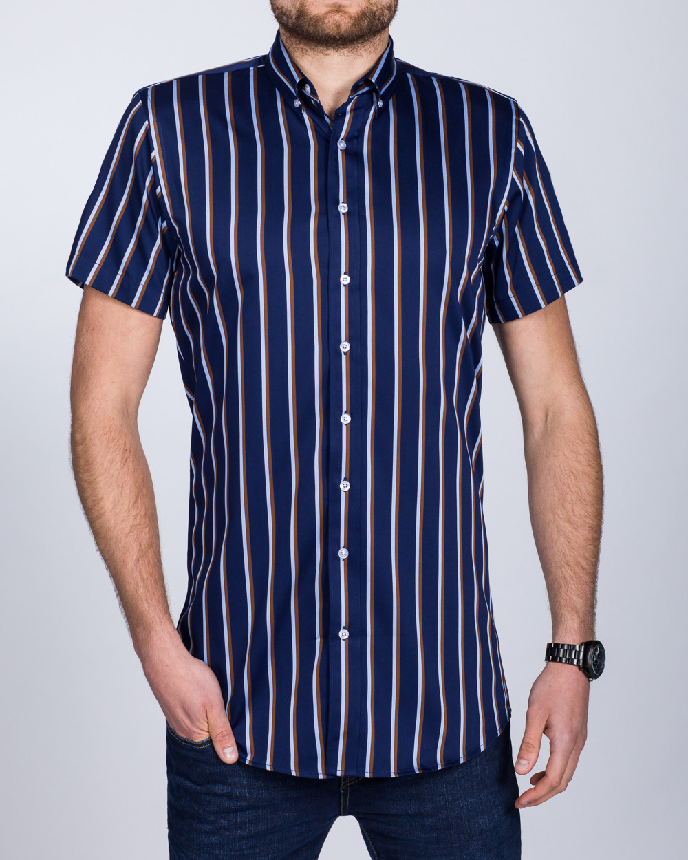 2t Short Sleeve Tall Shirt (navy/brown) | Extra Tall Mens Clothing
