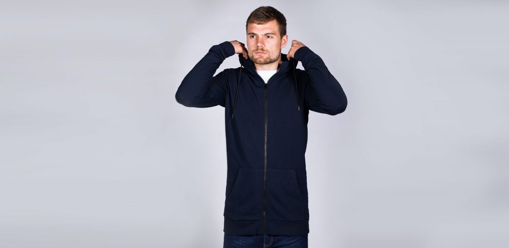 Model is 6'9"(206cm) & wearing a size LT Navy coloured 2t Active Zip Up Hoodie.