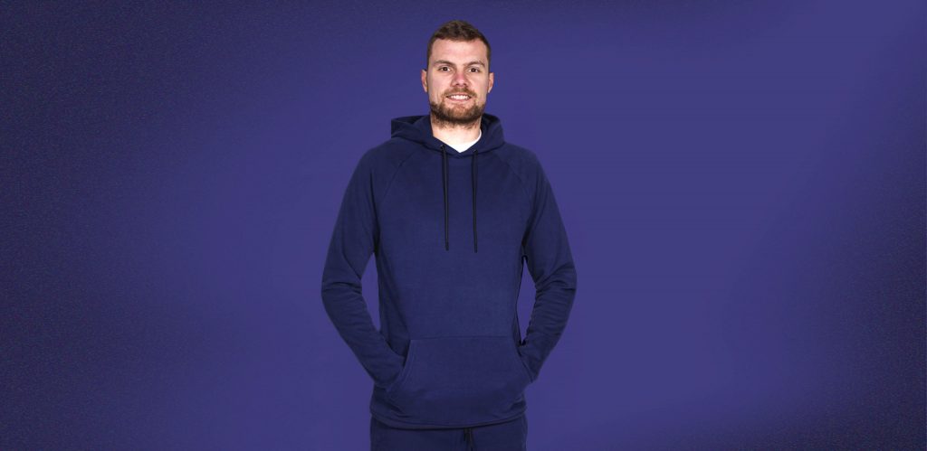 Model is 6'9"(206cm) & wearing a size LT Navy coloured 2t Riley Pullover Hoodie.