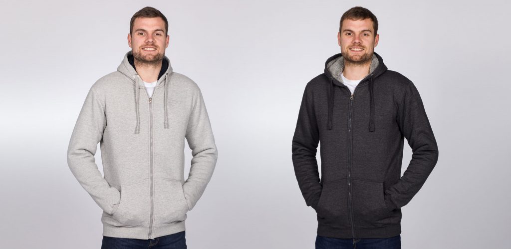 Model is 6'9"(206cm) & styling the size LT Sherpa Hoodies in Heather Grey & Charcoal.