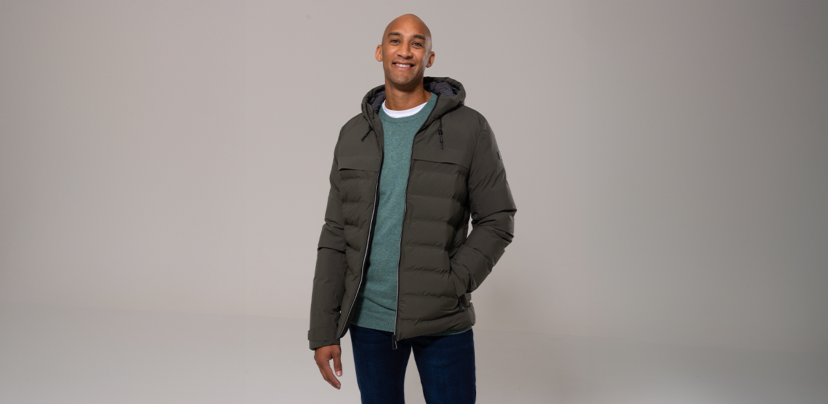 Model is 6'7"/201CM wearing size XLT Redpoint Chad Tall Puffer Jacket in Olive