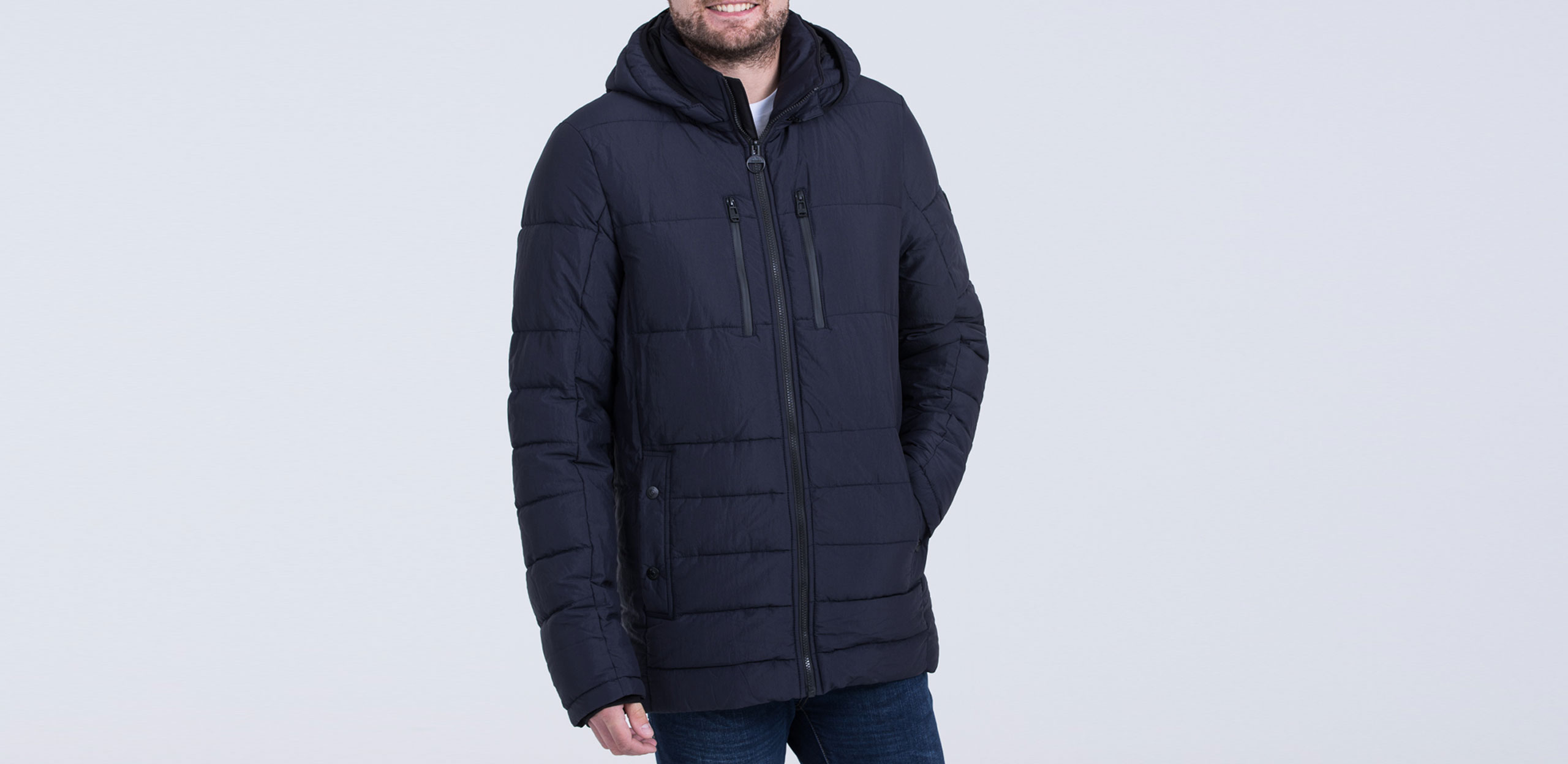 Model is 6'9"/206CM wearing size LT Cabano Tall Puffer Jacket in Plain Navy